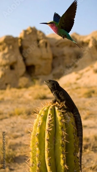 Fototapeta Colorful Hummingbird and Lizard on Cactus in Desert