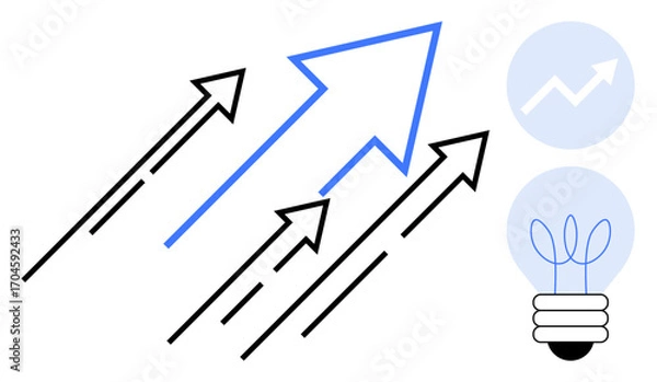 Fototapeta Black and blue arrows moving upward symbolizing progress, innovation with a light bulb and graph implying creativity and success. Ideal for growth, strategy, vision, goal, teamwork, business