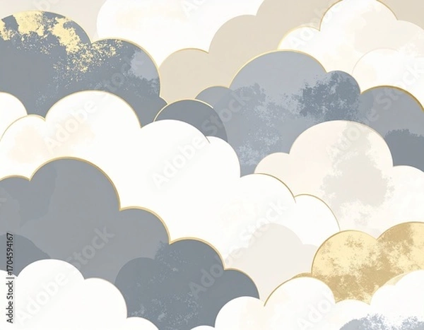 Fototapeta グレーとベージュの雲にゴールドアクセントを加えた高級感あるシックなパターンデザイン