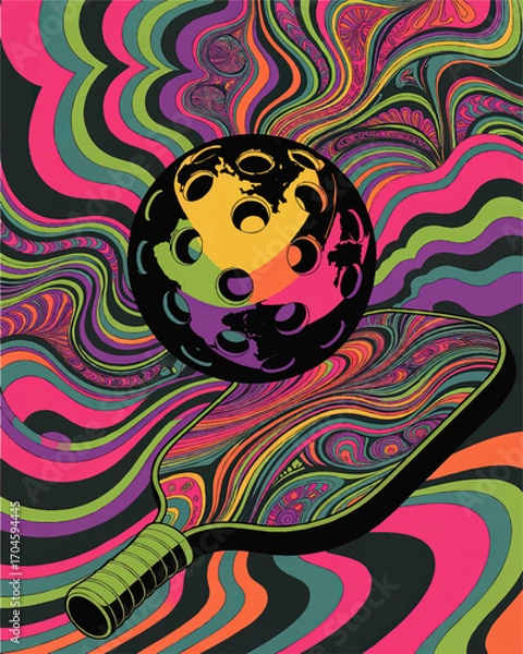Fototapeta Psychedelic Pickleball Art – Vibrant Retro Abstract Pickleball Paddle and Ball with Neon Swirls and Colorful Background