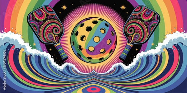 Fototapeta Vibrant Psychedelic Pickleball Art with Colorful Paddles, Rainbow Waves, and Surreal Retro 1960s Style Illustration