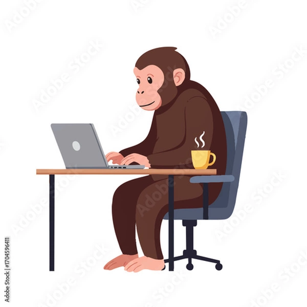 Fototapeta A vibrant 2D flat vector illustration features a smart monkey actively typing on a laptop at a modern office desk, enjoying a cup of coffee on a clean white background.