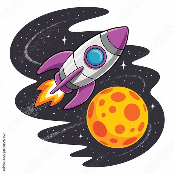 Fototapeta An animated rocket is soaring through a dark starry space backdrop, symbolizing the journey of exploration and discovery amid the wonders of the cosmos.