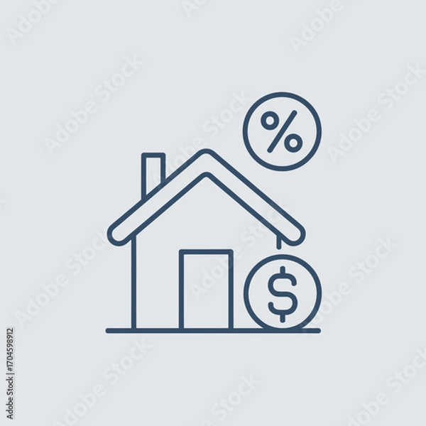 Fototapeta An illustration showing a house, a percentage symbol, and a dollar sign, representing home loans, mortgage rates, and an affordable housing concept in finance.
