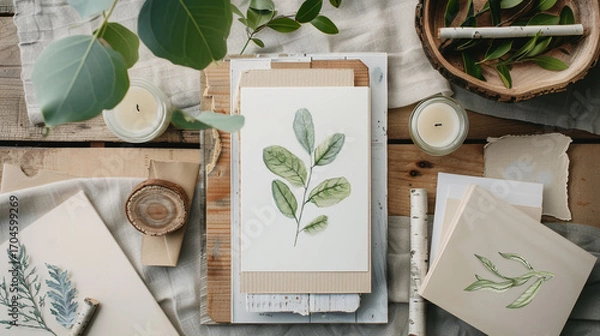 Fototapeta Botanical watercolor painting on rustic wooden table with eucalyptus leaves and candles creates a serene and artistic composition, perfect for stationery