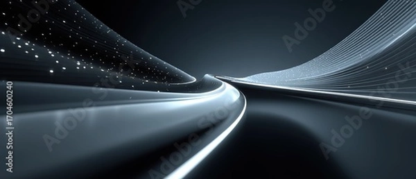 Fototapeta A sleek, illuminated road with light trails. Great for tech, sci - fi, or speed themes, fitting for automotive ads, digital art, and futuristic design projects.

