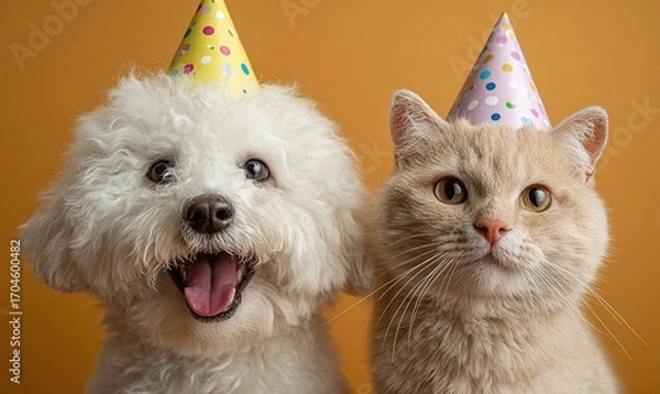Fototapeta A joyful dog and a cat with party hats. Great for birthday cards, pet - themed celebrations, or adding a cute, festive touch to social media and marketing materials.