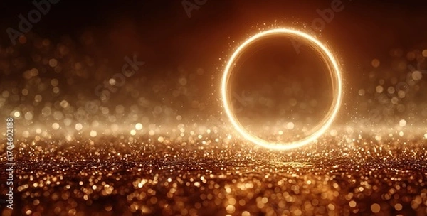 Fototapeta A golden circle glowing amidst shimmering particles. Perfect for luxury brand promotions, festive designs, or adding a magical touch to invitations and digital art.