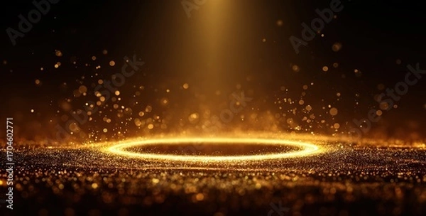 Fototapeta A glowing golden ring with glitter and light rays. Great for luxury branding, award ceremonies, or adding a majestic touch to invitations and digital art.

