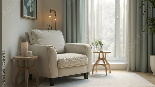 Fototapeta Comfortable armchair with white chest of drawers and floor lamp near grey wall in living room comfortable, lamp, armchair, floor, chest, drawer