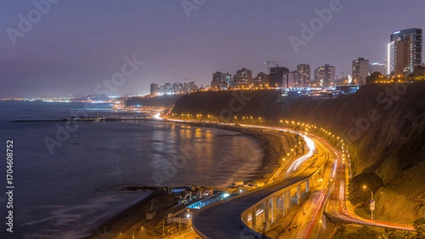 Fototapeta Aerial view of Lima's Coastline in the neighborhood of Miraflores day to night timelapse, Lima, Peru