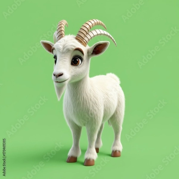 Fototapeta A charming 3D rendered white goat with expressive brown eyes, soft fluffy fur, and curved horns stands on a vibrant green background
