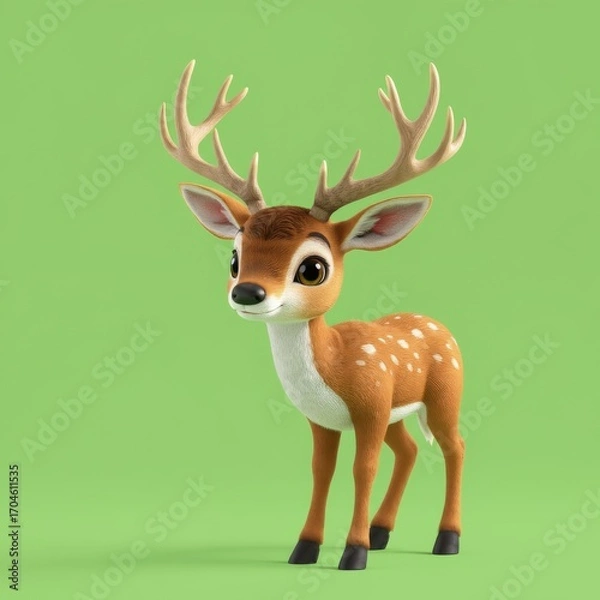 Fototapeta This delightful 3D illustration shows a cute spotted deer with large antlers, wide eyes, and a friendly expression, set against a simple green backdrop