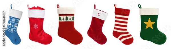 Fototapeta Red, green, and blue Christmas stocking set including knitted, velvet, striped, and patterned designs isolated. Festive holiday collection.