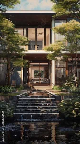 Fototapeta Zen modern home design with water feature, architectural elegance and serene outdoor space