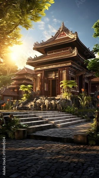 Fototapeta Zen sanctuary a pagoda inspired edifice surrounded by verdant foliage and tranquil garden design