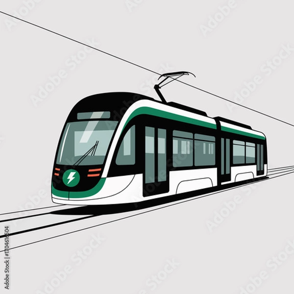 Fototapeta A modern electric tram depicted with a clean and simplistic background, emphasizing the vehicle's design and its role in contemporary urban transportation.
