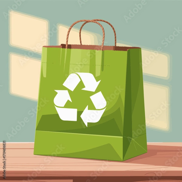 Fototapeta A stylish green bag displaying a prominent recycling emblem, symbolizing the movement towards sustainability and responsible consumption in today’s eco-conscious market.