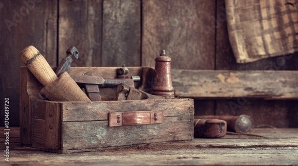 Fototapeta Old wooden toolbox filled with vintage tools on a workbench.