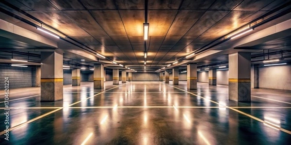 Fototapeta Illuminated Underground Parking Garage with Polished Concrete Floor and Linear Lighting Fixtures