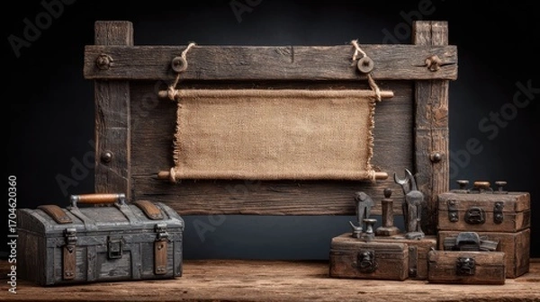 Fototapeta Wooden display with tools and scroll.