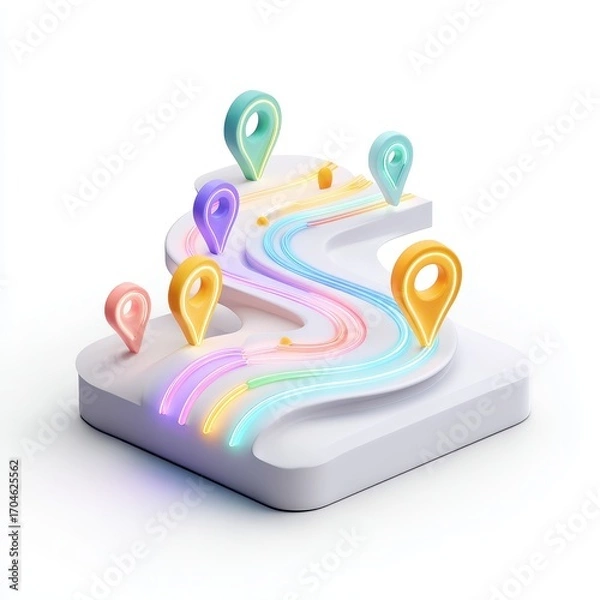 Fototapeta Colorful Route - 3D Map with Location Pins and Pastel Gradient Path on White Platform.