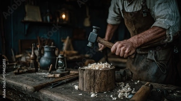 Fototapeta A craftsman works with a hammer and wood in a dark workshop.