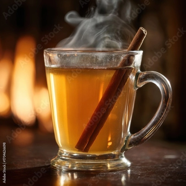 Fototapeta Hearthside Comfort - A Steaming Glass of Spiced Cider with Cinnamon by a Glowing Fireplace.