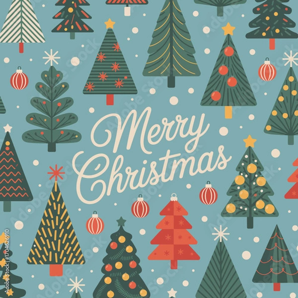 Fototapeta This visually delightful pattern presents an array of Christmas trees, adorned with colorful decorations, evoking the joyous spirit and warmth of the holiday season.