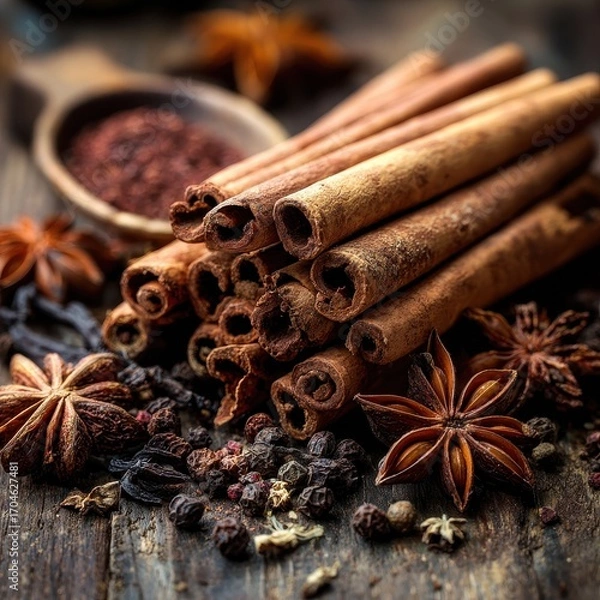 Fototapeta Warm, Rustic Still Life of Aromatic Cinnamon, Star Anise, and Spices on Wood.