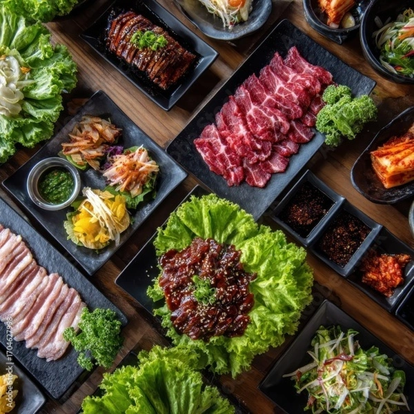 Fototapeta Gourmet Korean BBQ Spread - A Rich Tapestry of Sliced Beef, Pork, and Colorful Banchan.