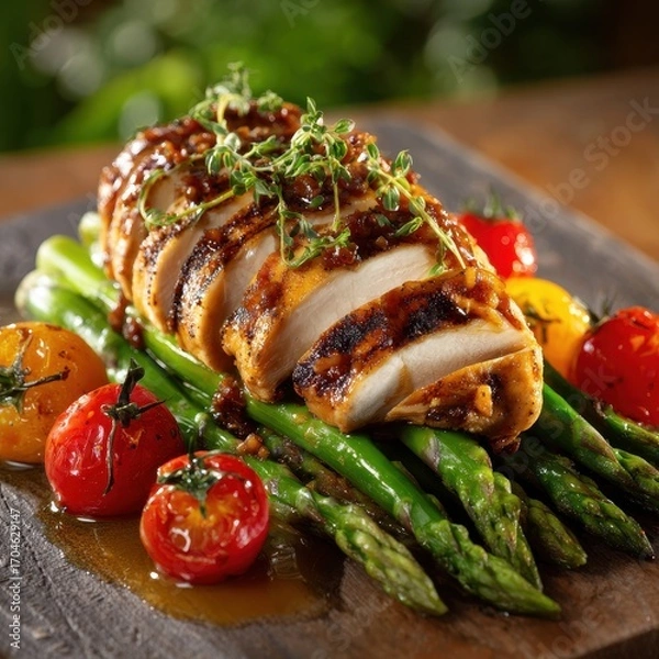 Fototapeta Succulent Sliced Glazed Chicken Breast on a Bed of Asparagus with Roasted Tomatoes.