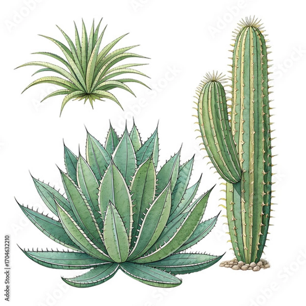 Fototapeta Desert Flora: Agave, Cactus, and Yucca Botanical Illustration on transparent background