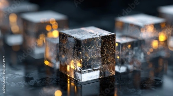 Fototapeta Glistening Transparent Cubes with Golden Bokeh Reflections on Dark Surface.