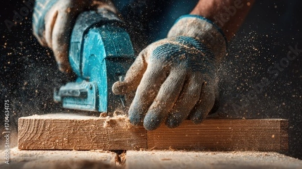 Fototapeta Close-up view of a worker using a planer on a piece of wood.