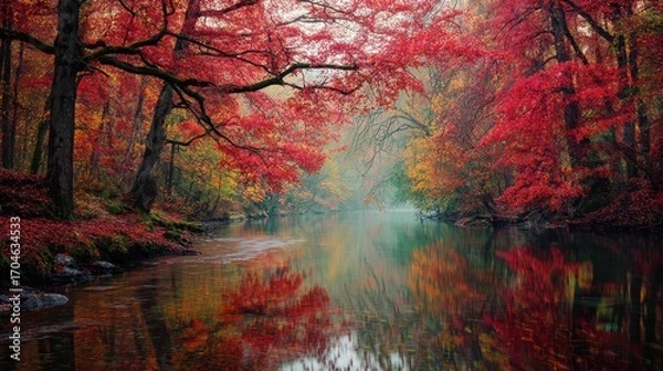 Fototapeta Magical Autumn Forest - Fiery Red Leaves Mirrored in a Serene, Misty River Landscape.