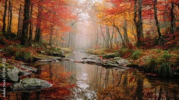 Fototapeta Enchanting Autumn Forest Stream Bathed in Golden Misty Sunlight, Reflecting Vibrant Fall Foliage.