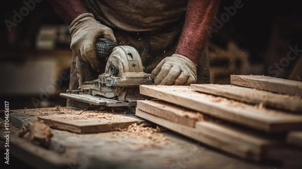 Fototapeta Close-up of a carpenter using a circular saw on wooden planks.