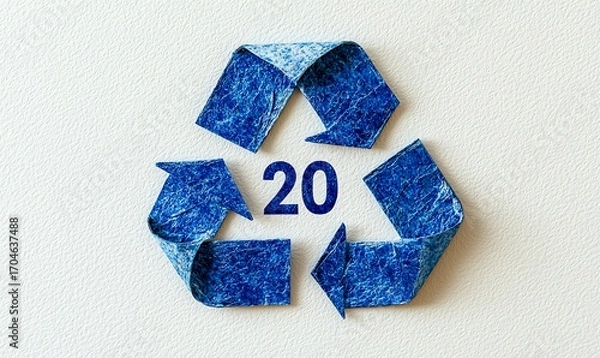 Fototapeta Blue recycled paper forms a recycling symbol with the number 20 in the center