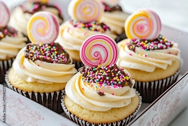 Fototapeta Box of vanilla cupcakes topped with swirls of frosting, chocolate drizzle, colorful sprinkles, and lollipop