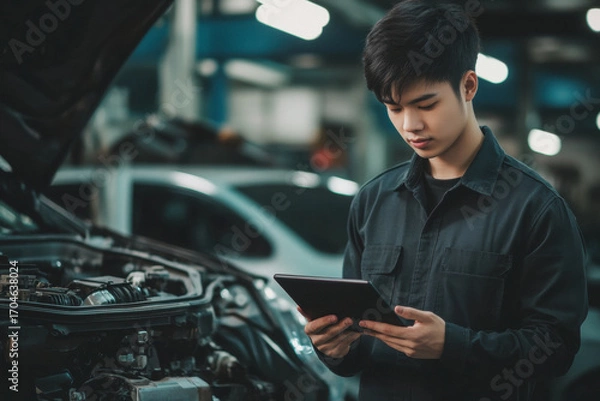 Fototapeta Mechanic Using Tablet in Auto Shop