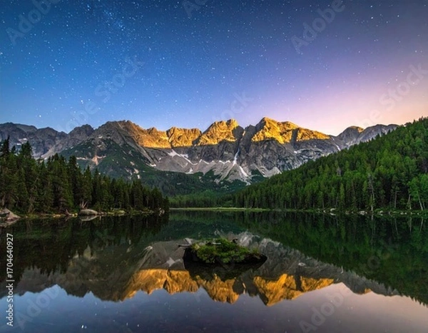 Fototapeta Mountain lake at dawn, reflecting a vibrant sunrise.  Stars shimmer in a twilight sky above a tranquil alpine lake, mirrored perfectly on its surface.  