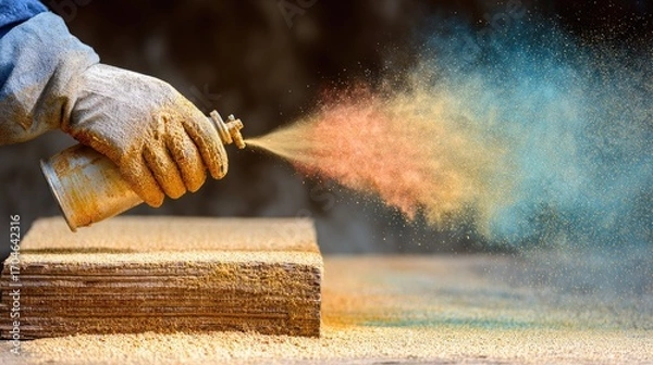 Fototapeta Colorful spray paint being applied to a wooden surface.