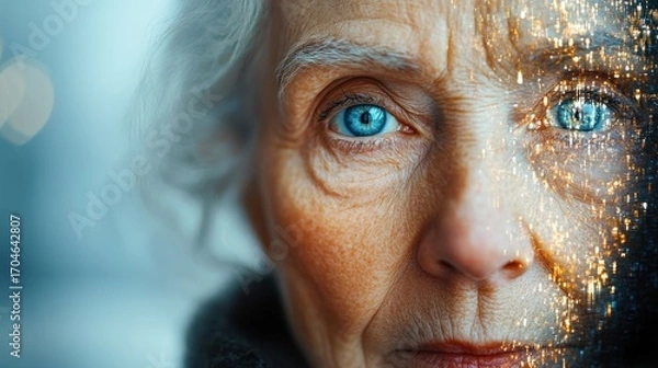 Fototapeta Close-up portrait of an elderly person with striking blue eyes and deep wrinkles, partially overlaid with glowing city lights reflecting a sense of contemplative introspection