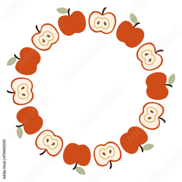 Fototapeta Autumn apple circle frame. Round border made of doodle hand drawn fall apples. The apples are arranged in a circle for stickers, banners, cards, ads. Vector flat isolated on white background.