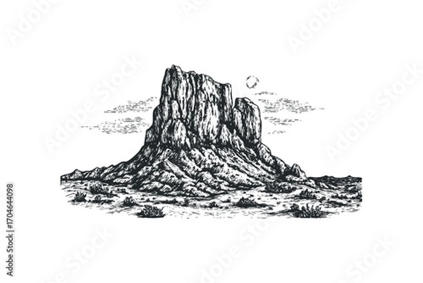 Fototapeta Rugged rock formation with sparse desert vegetation and a circular sun. Vector hand drawn illustration