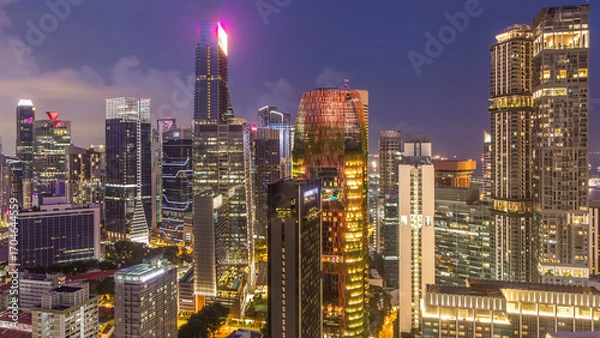 Fototapeta Aerial view of Chinatown and Downtown of Singapore day to night timelapse