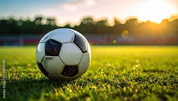 Obraz Soccer ball on a grassy field at sunset.  A well-worn soccer ball sits on a vibrant green field.  Golden sunlight illuminates the scene.  Blurred background shows a sports venue