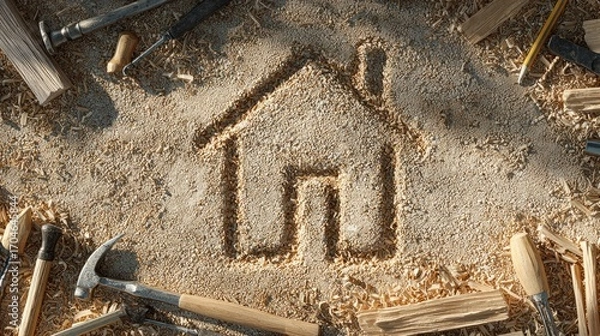 Fototapeta Home symbol drawn in sawdust with carpentry tools.