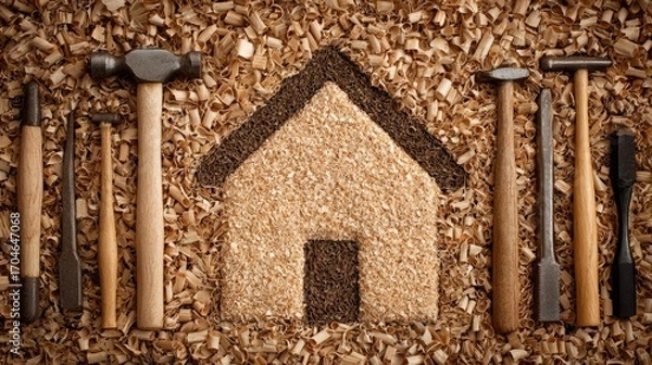 Fototapeta Wood chips arranged to form a house shape with carpentry tools.